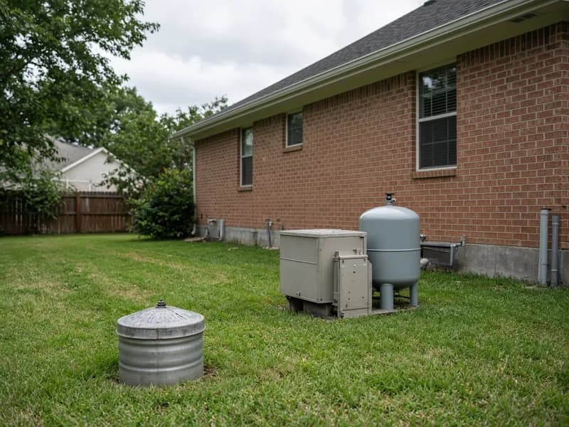 Residential well pump housing and pressure tank beside a home