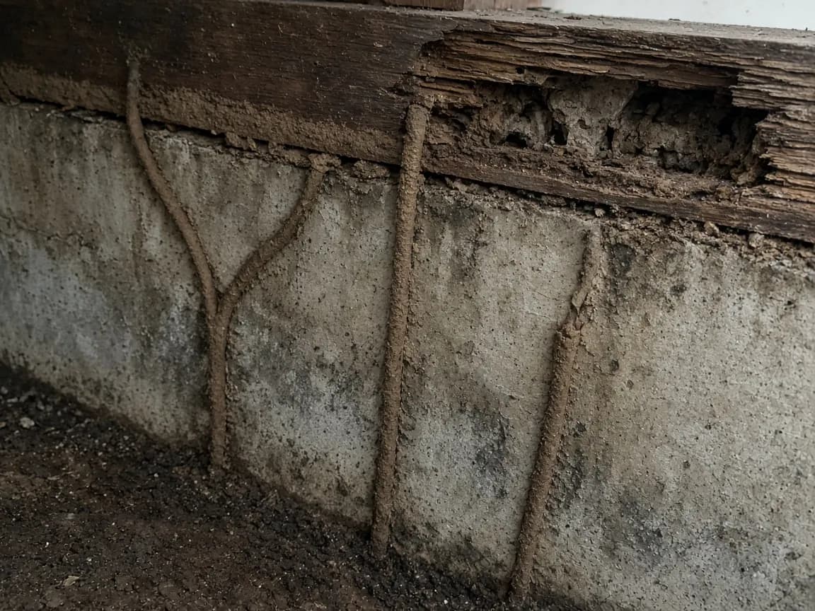 Thin termite mud tubes on a foundation wall and damaged wood sill